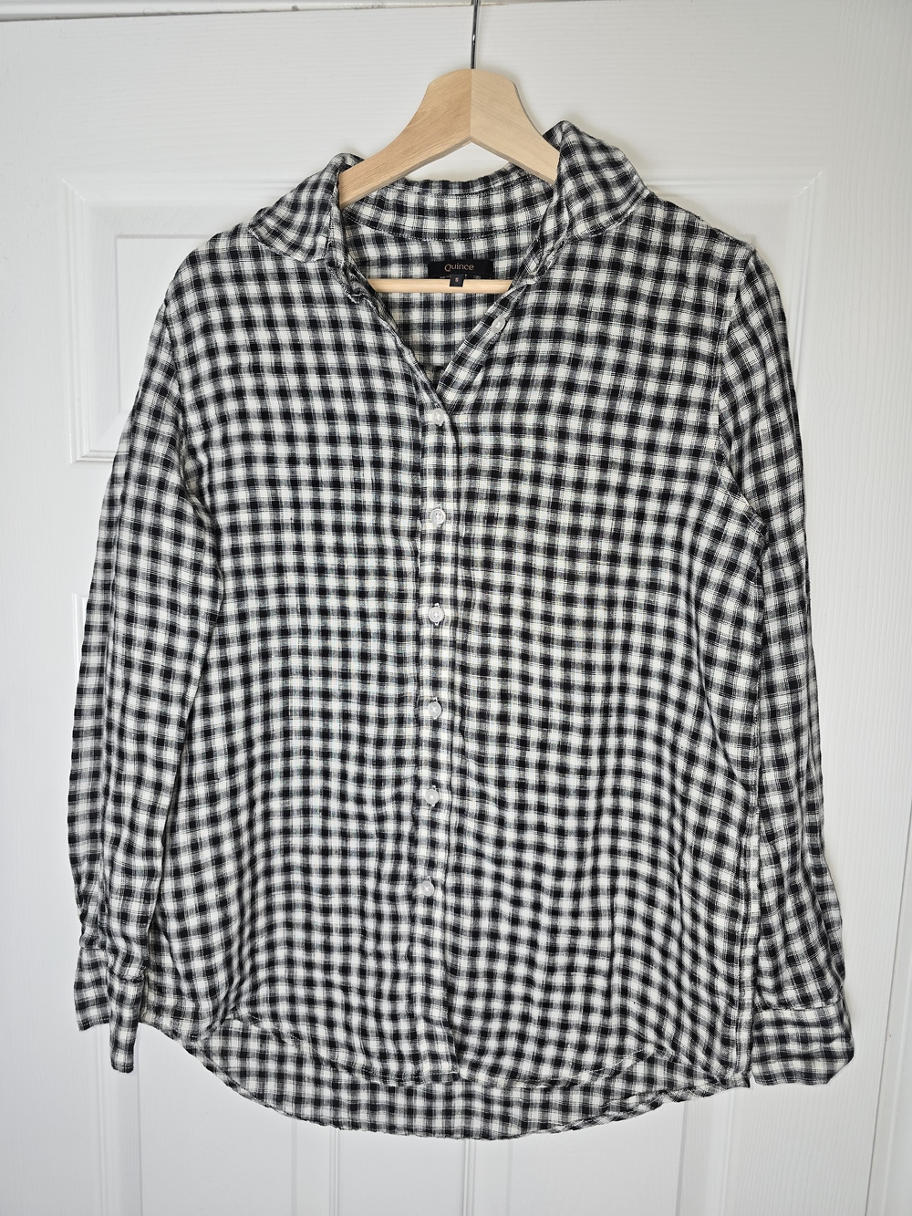 Quince 100% European Linen Black and White Gingham Button-Down Shirt Size Small